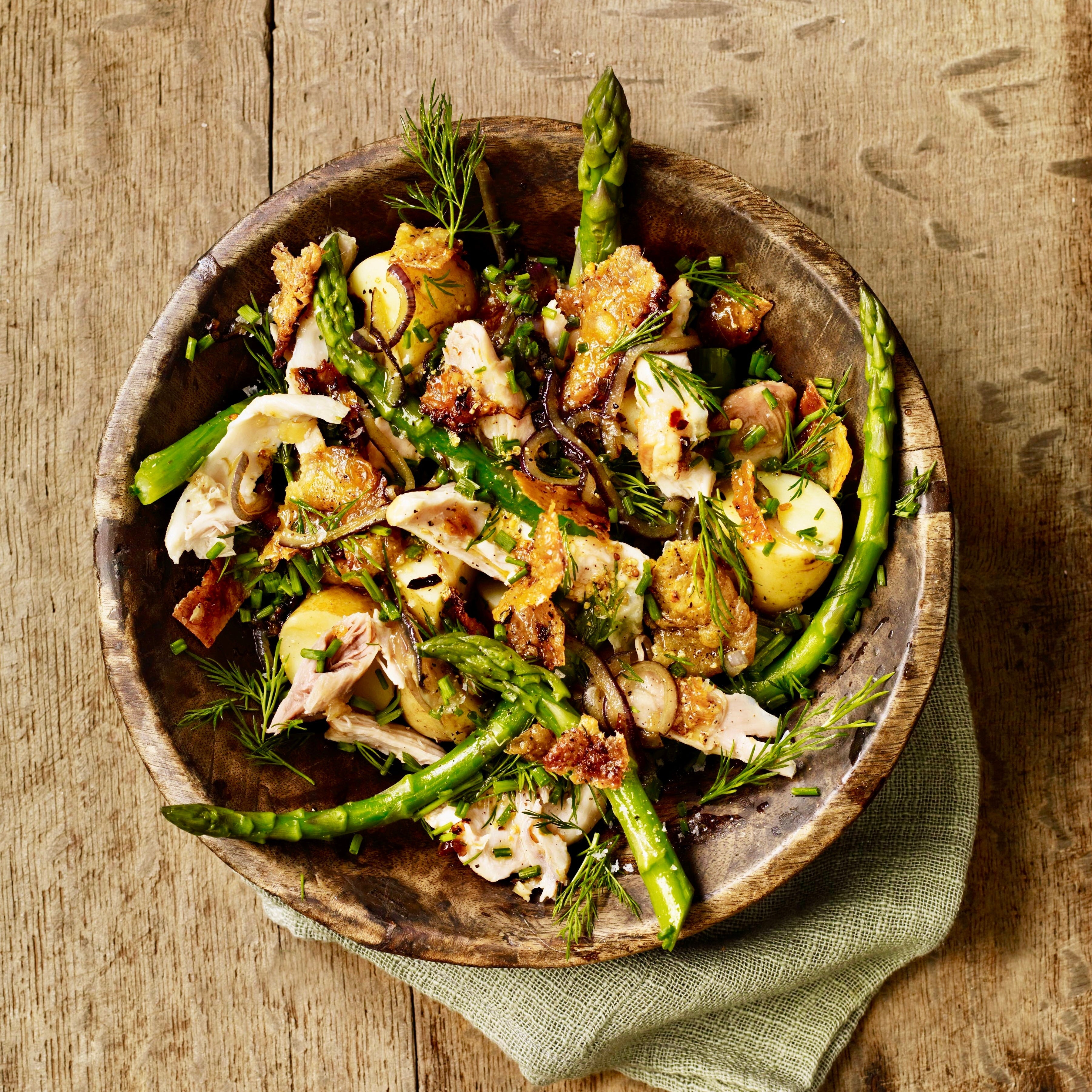 Salad of chicken, anchovies, jersey royals, asparagus, dill and chives