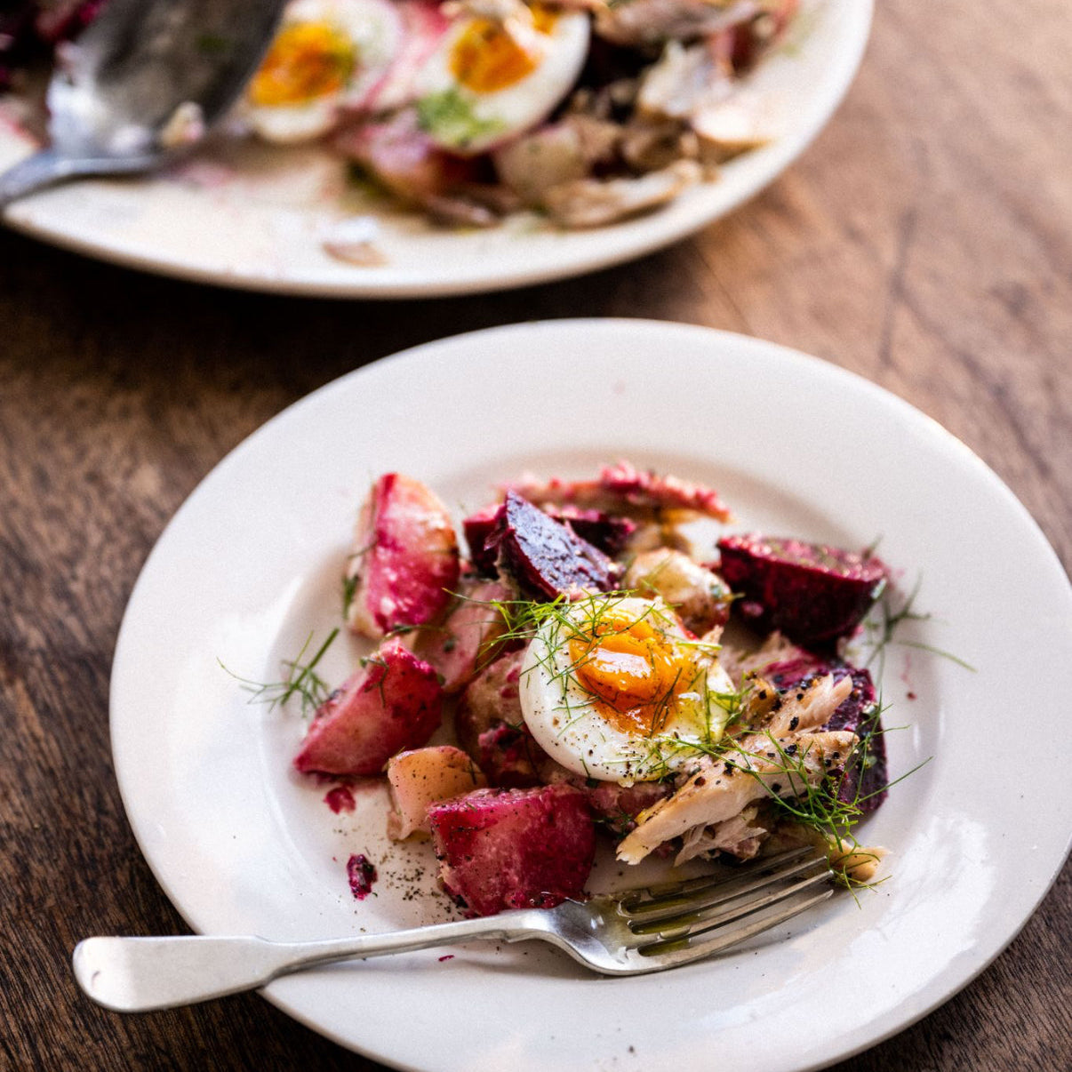 Warm salad of smoked mackerel, eggs, beetroot and new potatoes