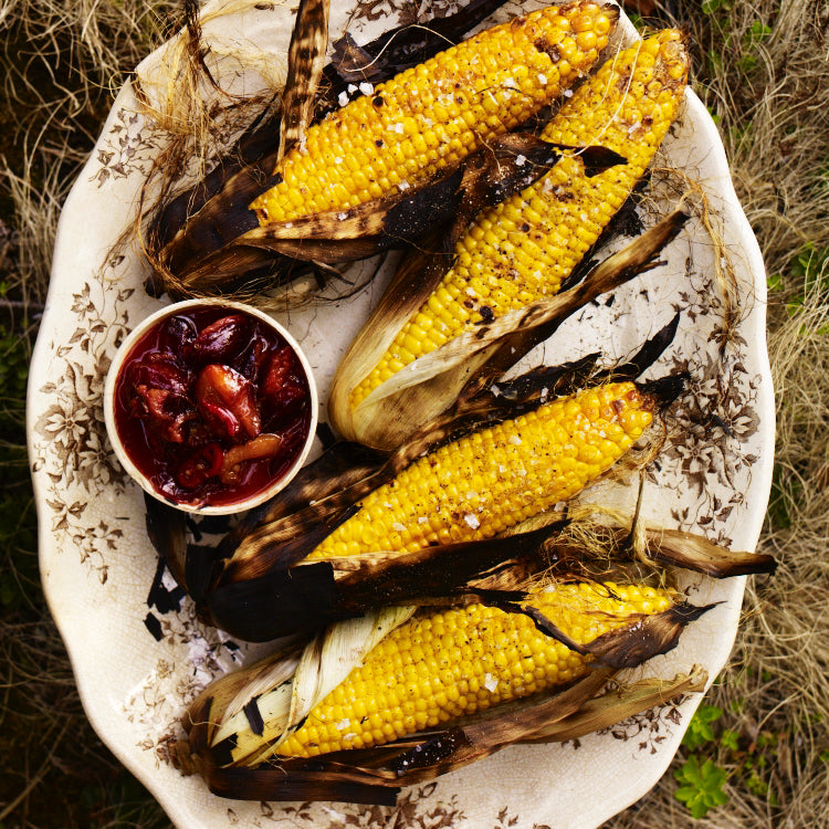 Sweetcorn with damsons, chilli, garlic and smoked paprika