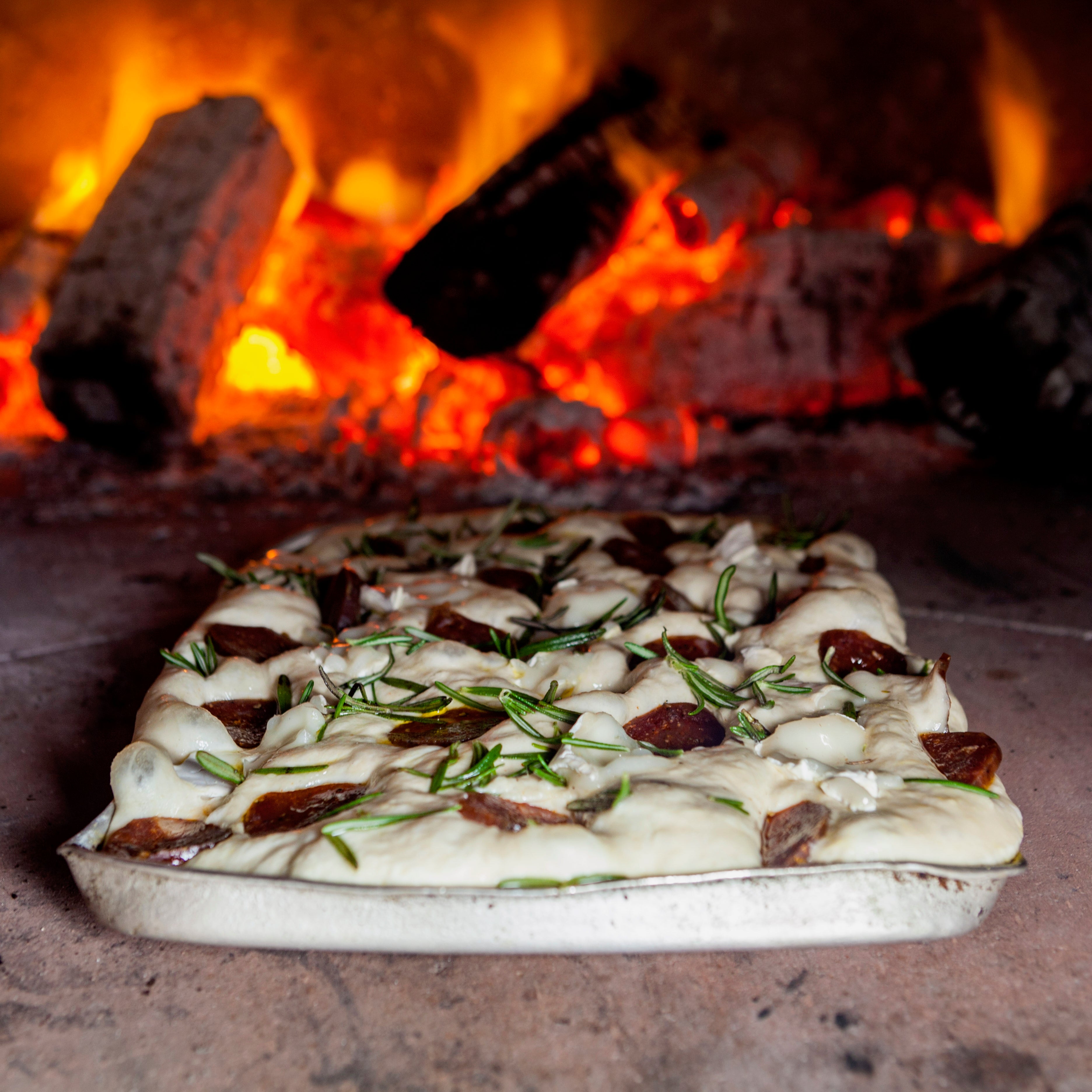 Rosemary focaccia with chorizo and goat’s cheese