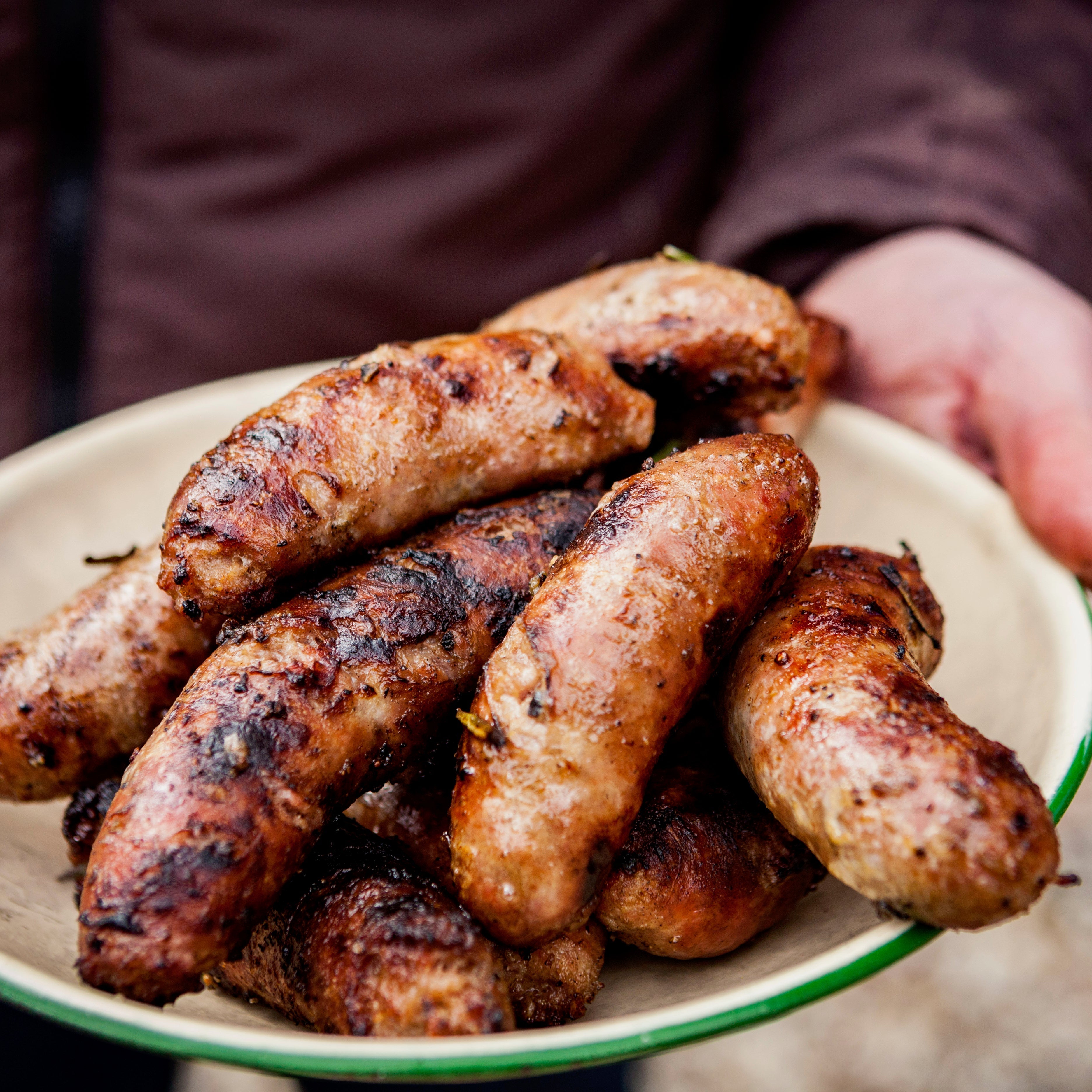 Smoky pork sausages with mustard and rosemary glaze