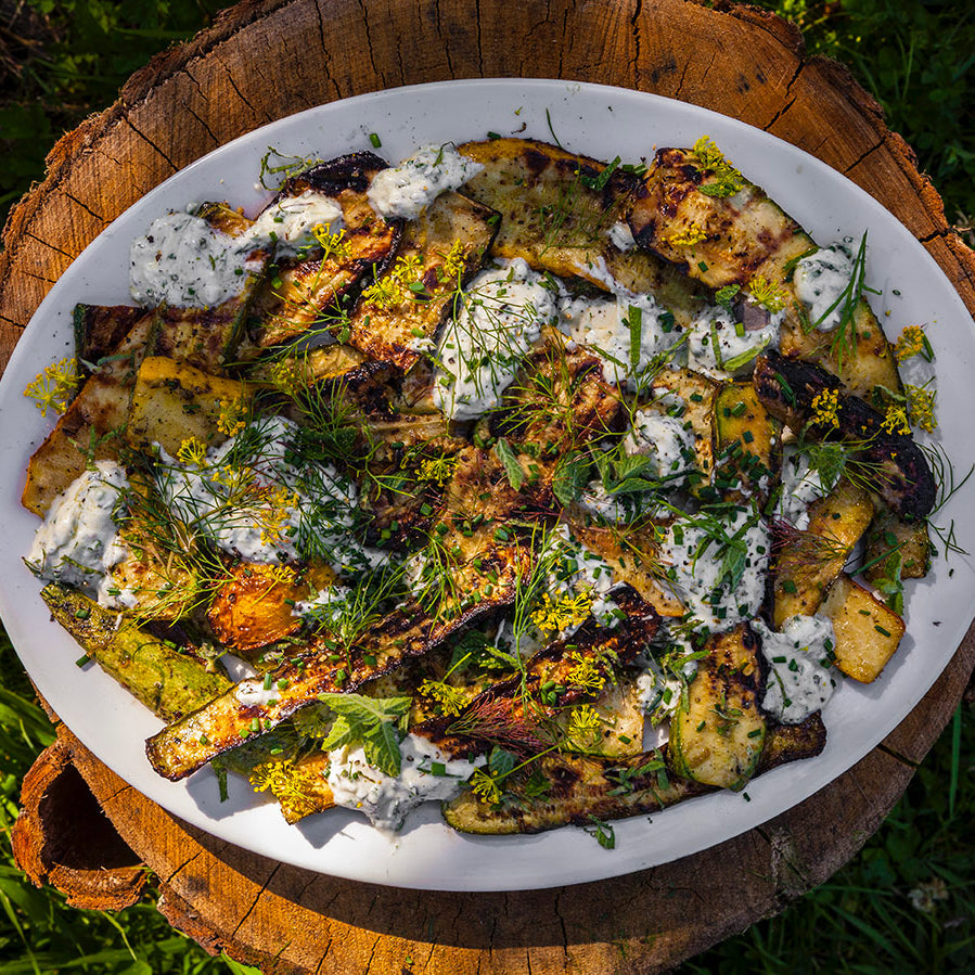 Barbecued courgettes with dill, goat’s cheese, mint and yoghurt