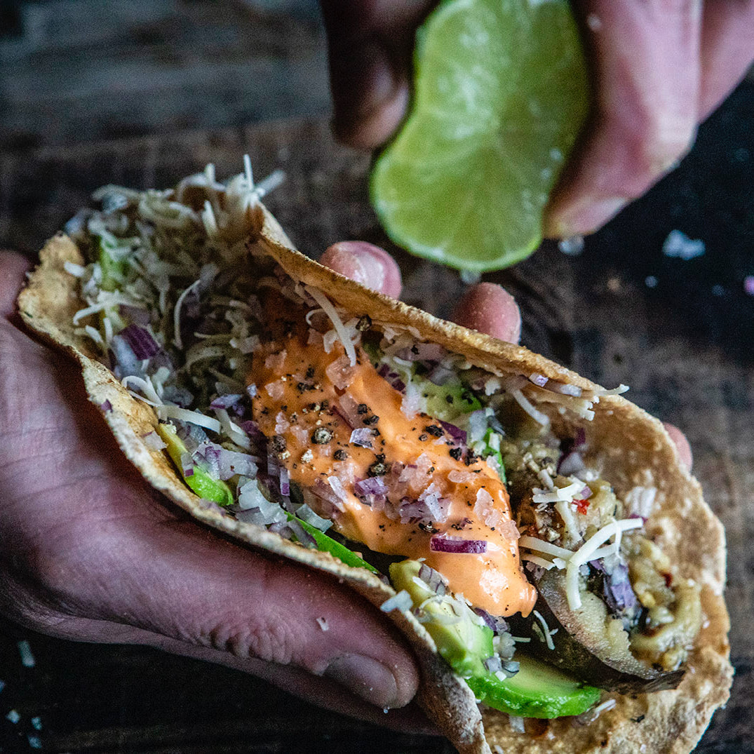 Smoky aubergine tacos