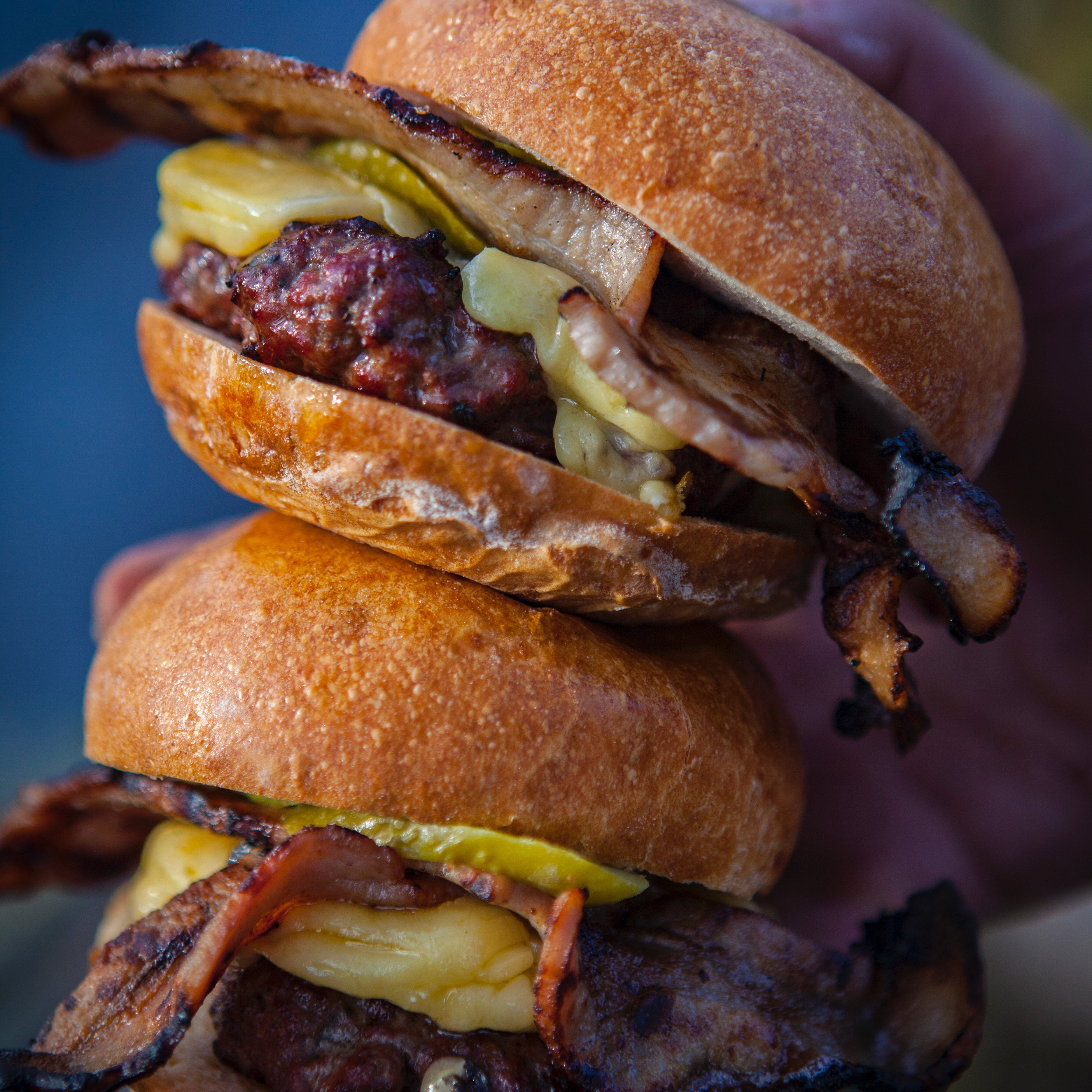 Homemade beef burgers with bacon and cheese