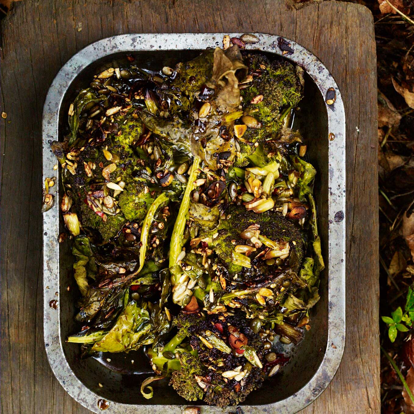 Whole roast broccoli with honey and seeds