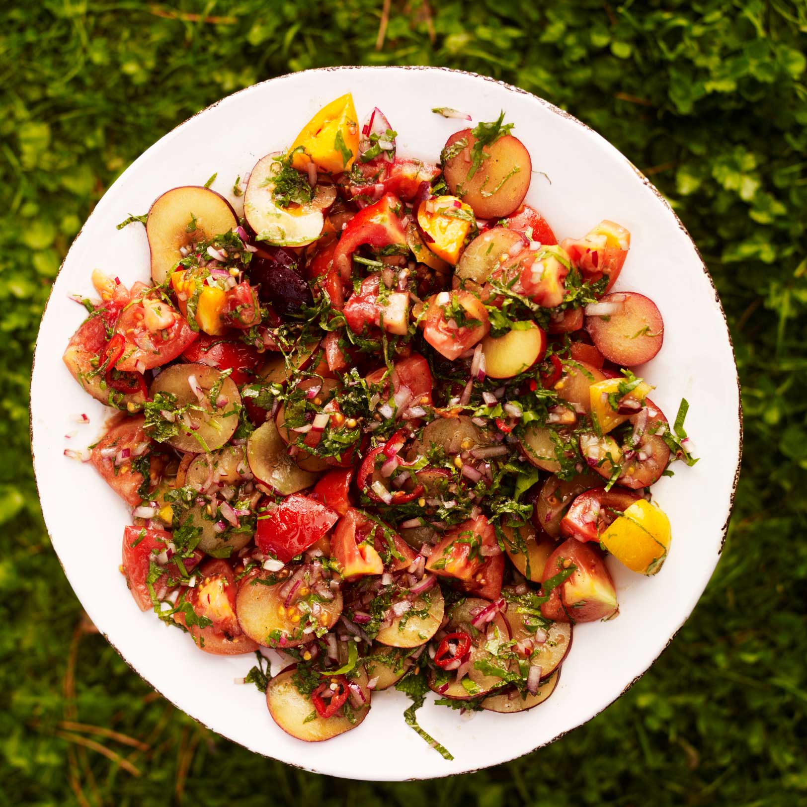 Plum, tomato, red onion, mint and coriander salad