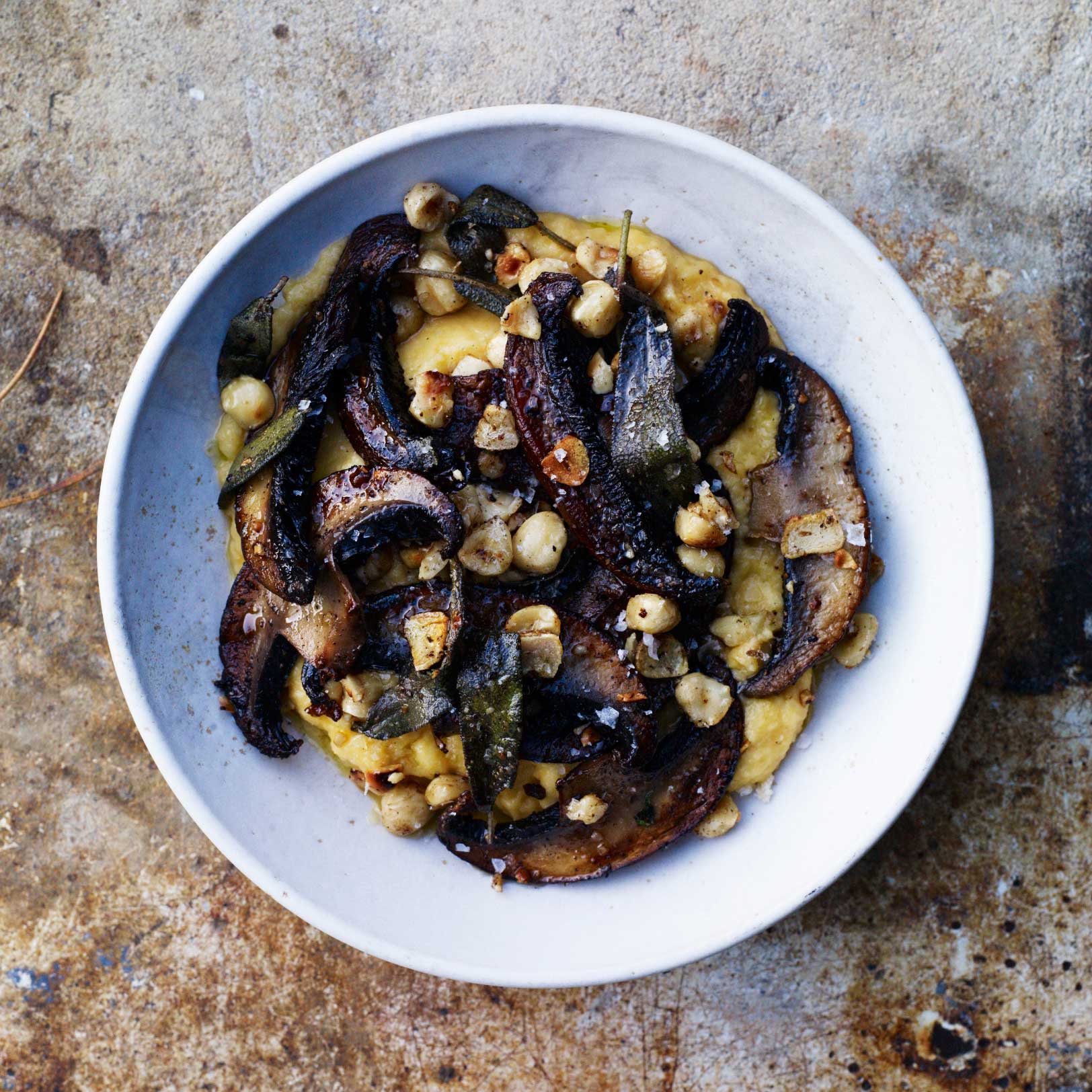 Creamed swede with portobello mushrooms and garlicky hazelnuts