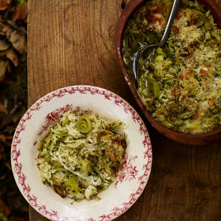 Leeks cooked in olive oil with orzo, lemon, rosemary and parsley