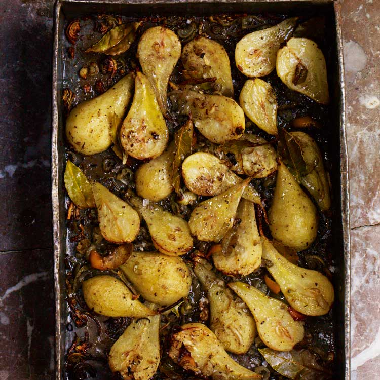 Roast pears with shallots, bay, lemon and thyme