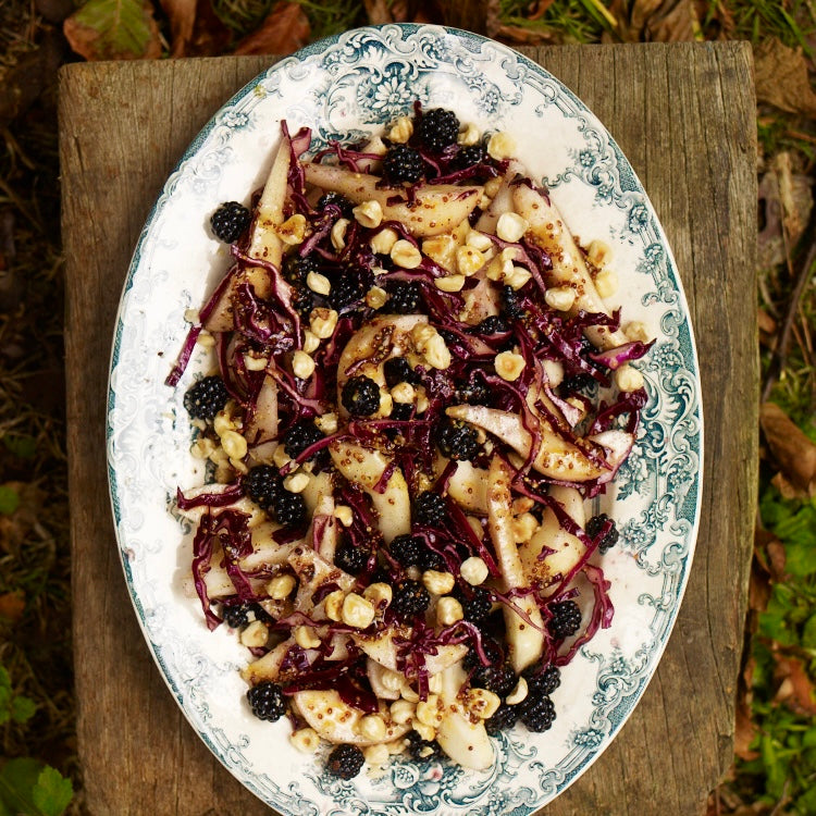 Red cabbage, pear, blackberry and hazelnut salad