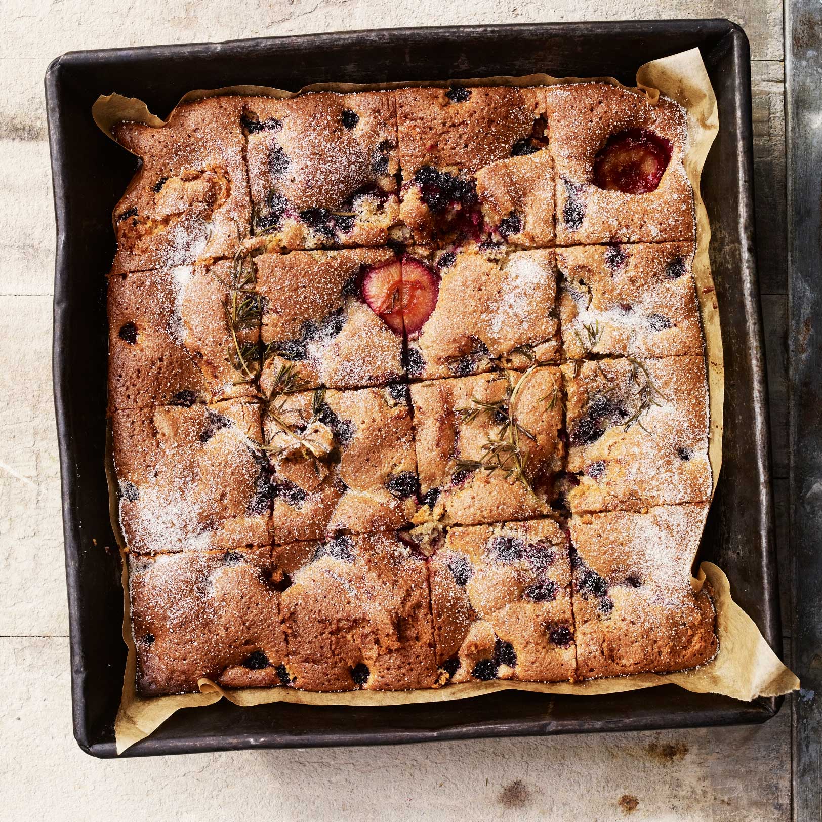 Blackberry, plum, olive oil and rosemary cake