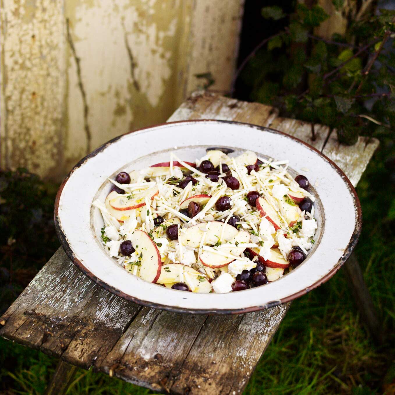 Celeriac, grape and apple salad with goat’s cheese, thyme and sunflower seeds