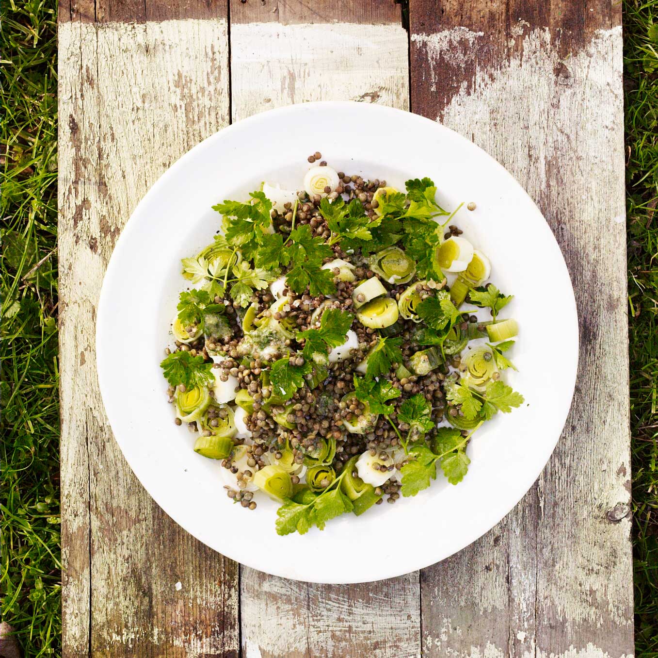 Leeks and lentils with lovage dressing