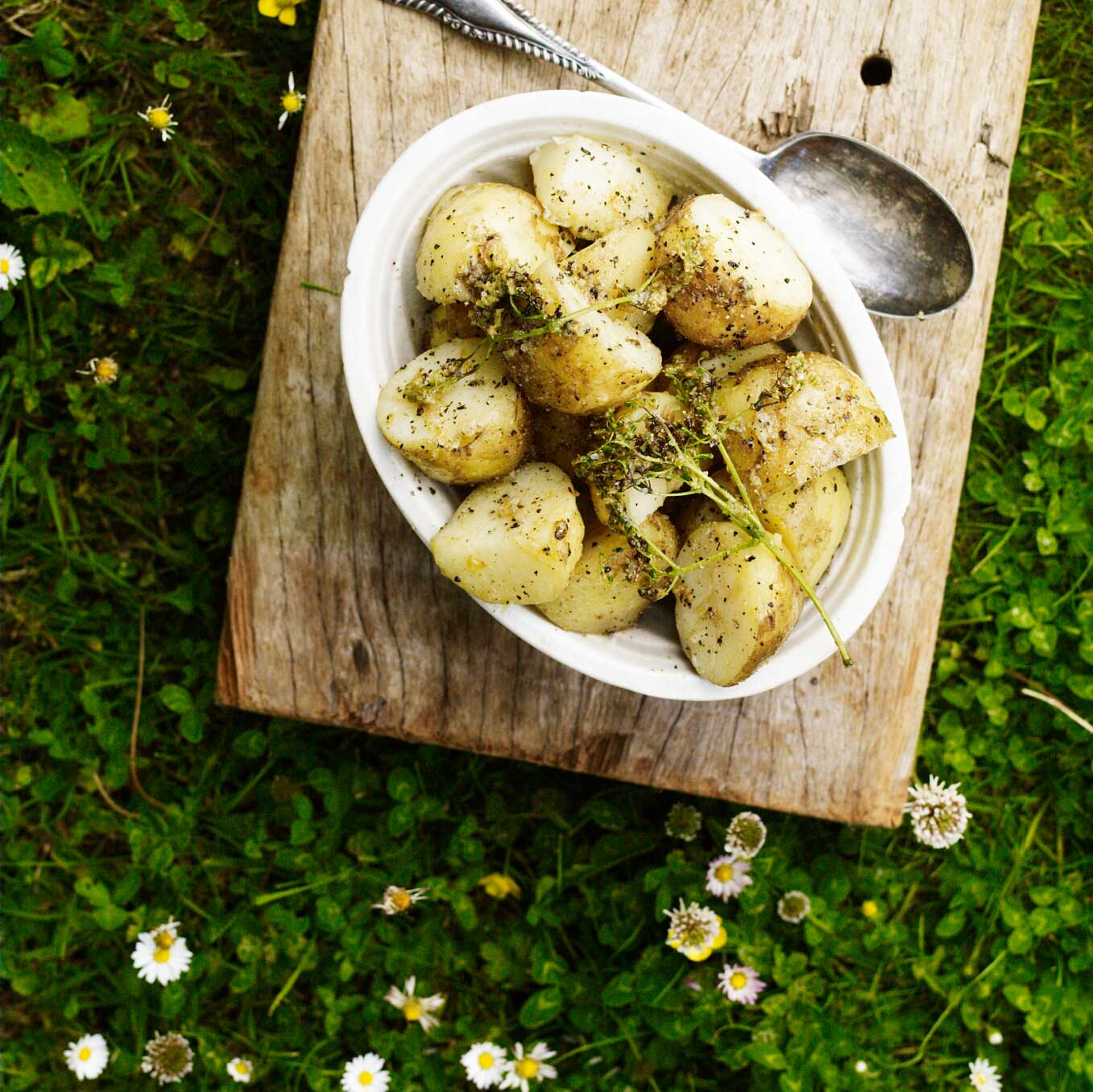 New potatoes with elderflower and lemon thyme