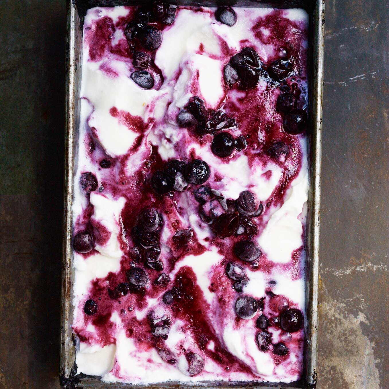 Blackcurrant ripple goat’s milk sorbet