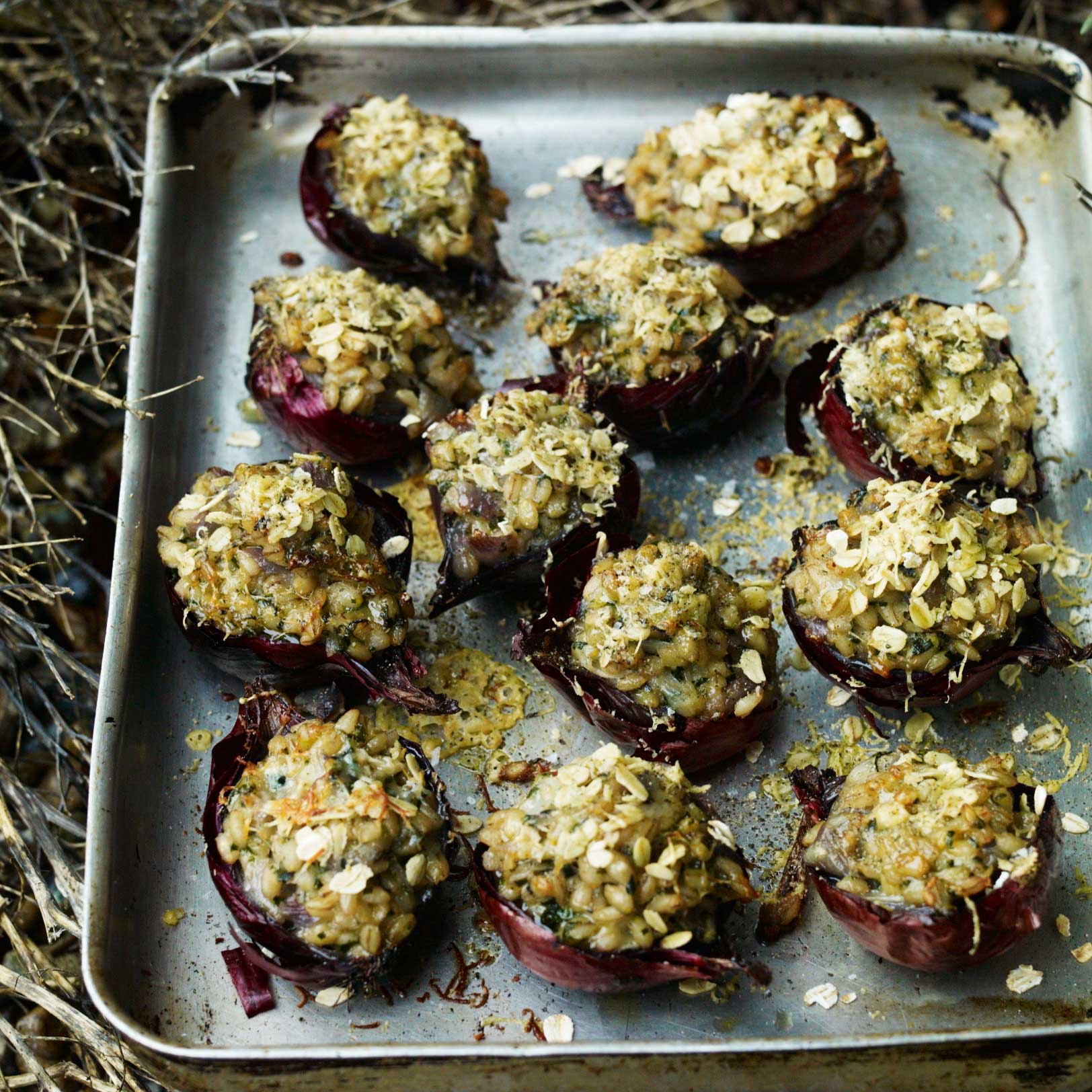 Slow-roasted onions with barley and herbs