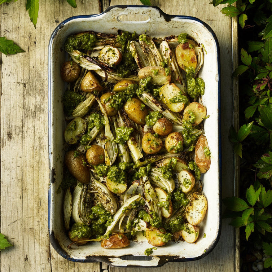 Roast fennel and potatoes with pesto
