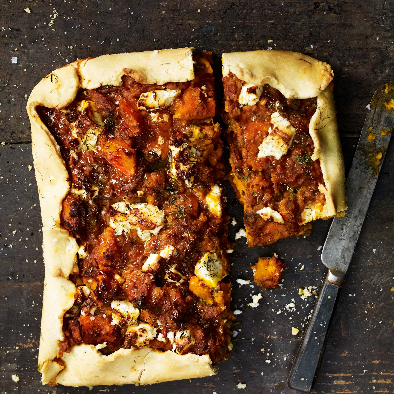 Squash, lentil, tomato and rosemary pie