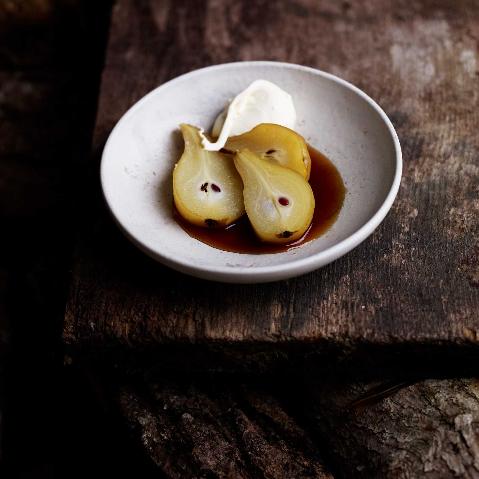 Pears cooked in cider, sage, lemon and brown sugar