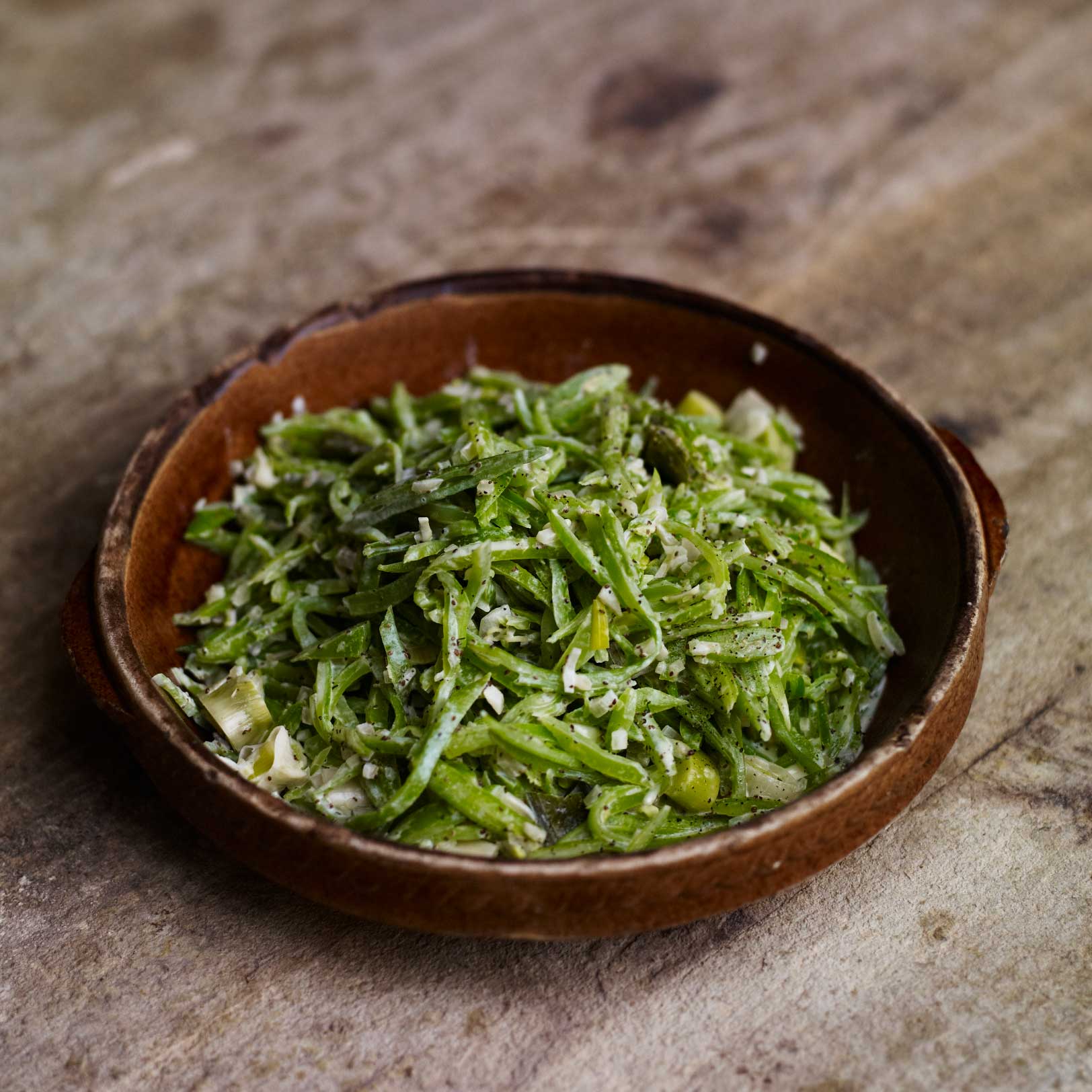 Runner beans, leeks, cream and celery seeds