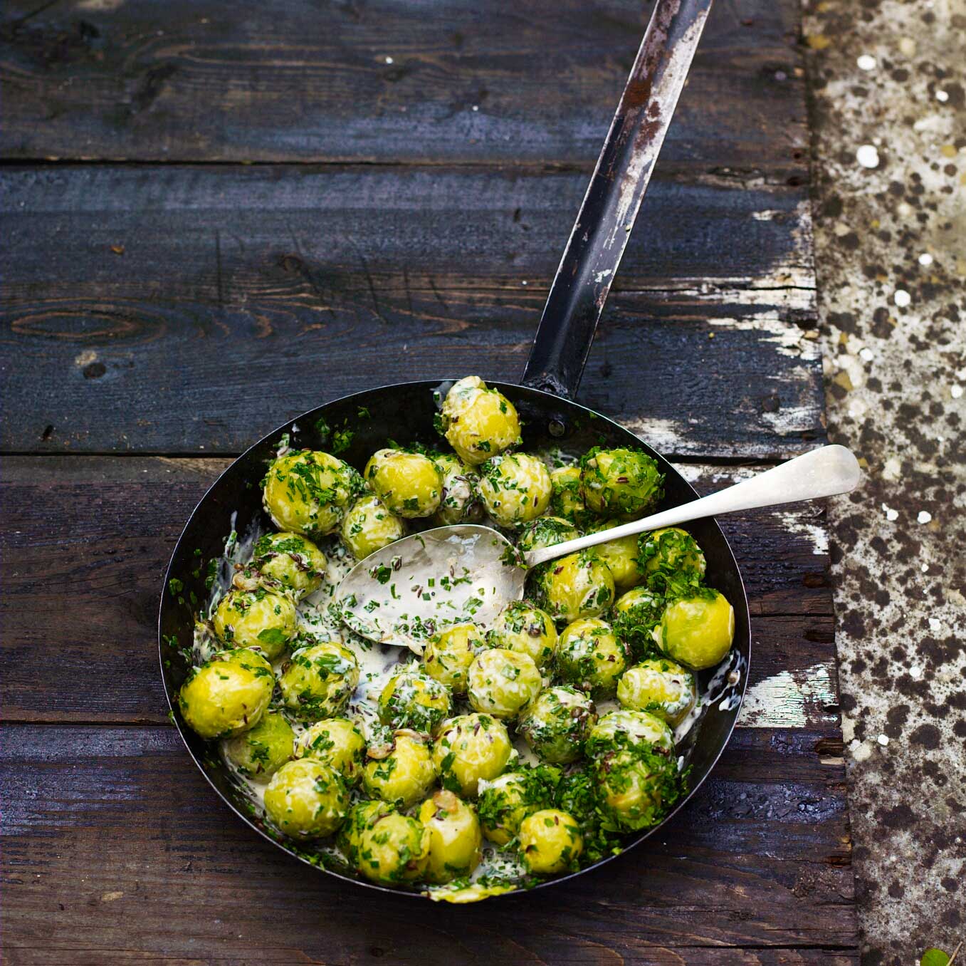 Brussels sprouts with butter, garlic, green peppercorns, caraway and cream