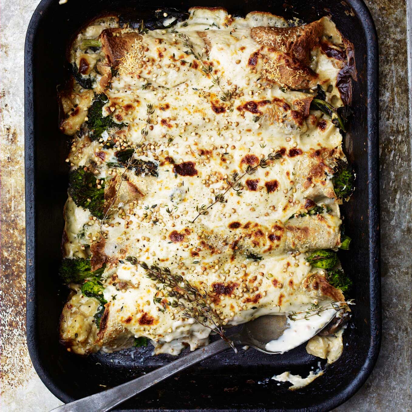 Purple sprouting pancakes filled with celeriac and chestnut mushrooms
