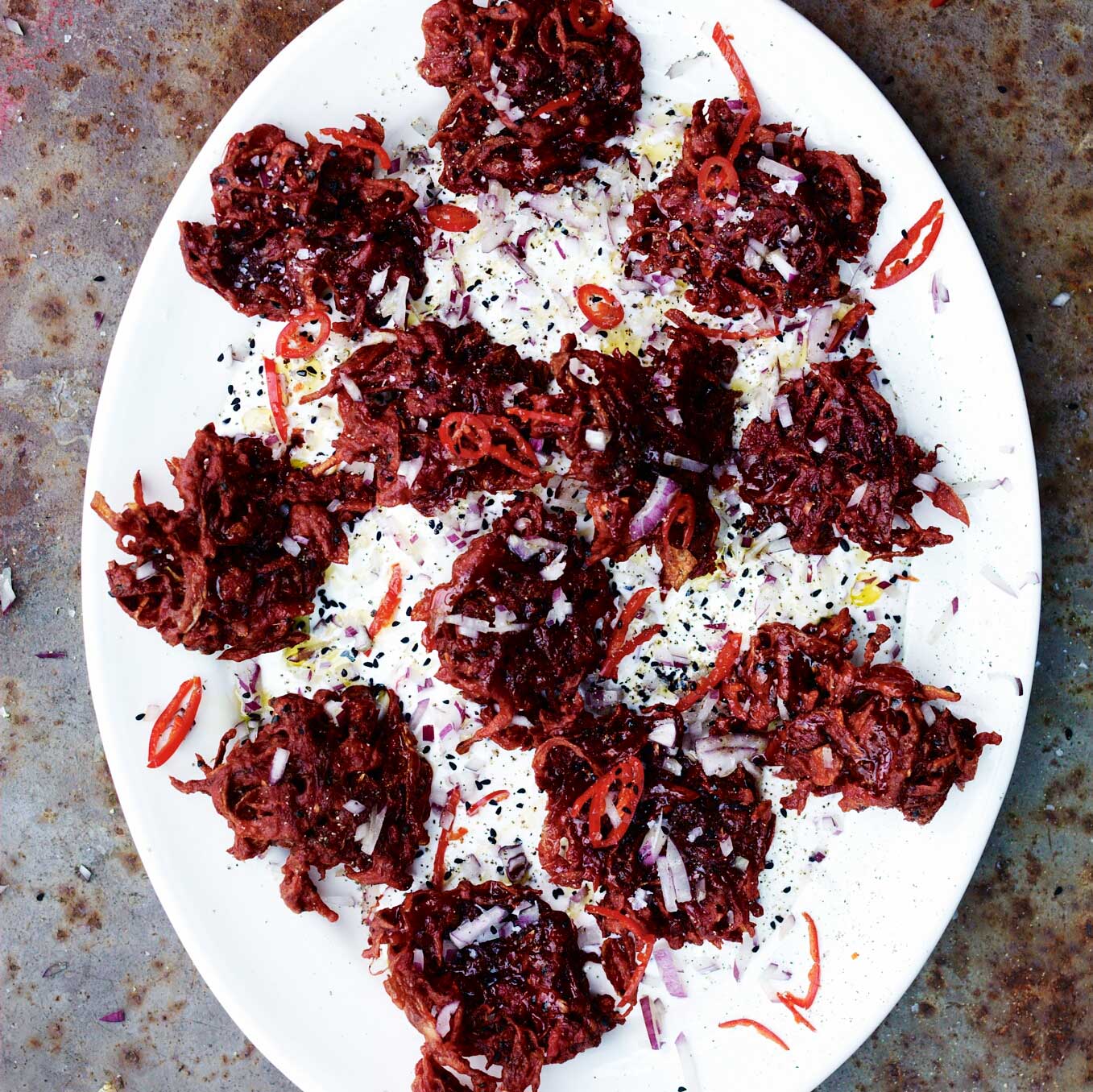 Spiced beetroot and fermented cabbage fritters