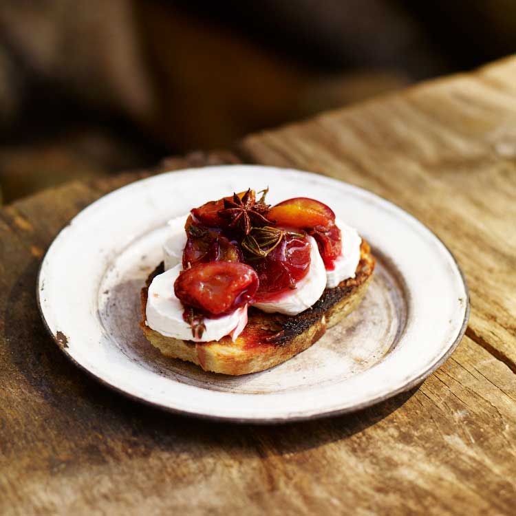 Damsons on toast with honey, star anise, chilli, thyme and goat’s cheese