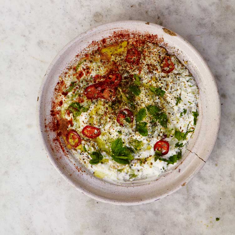 Cucumber raita with cumin, coriander, mustard seeds and mint