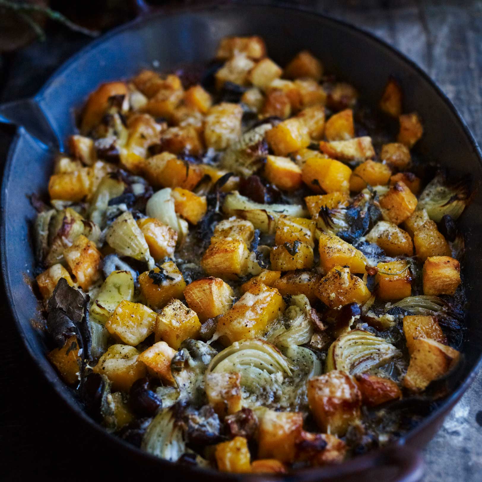 Roast swede with onions, sage and chestnuts