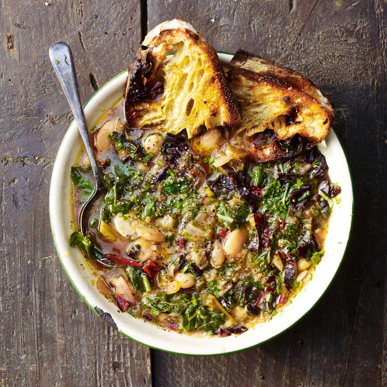Chard, leek and white bean soup with herbs and olive oil