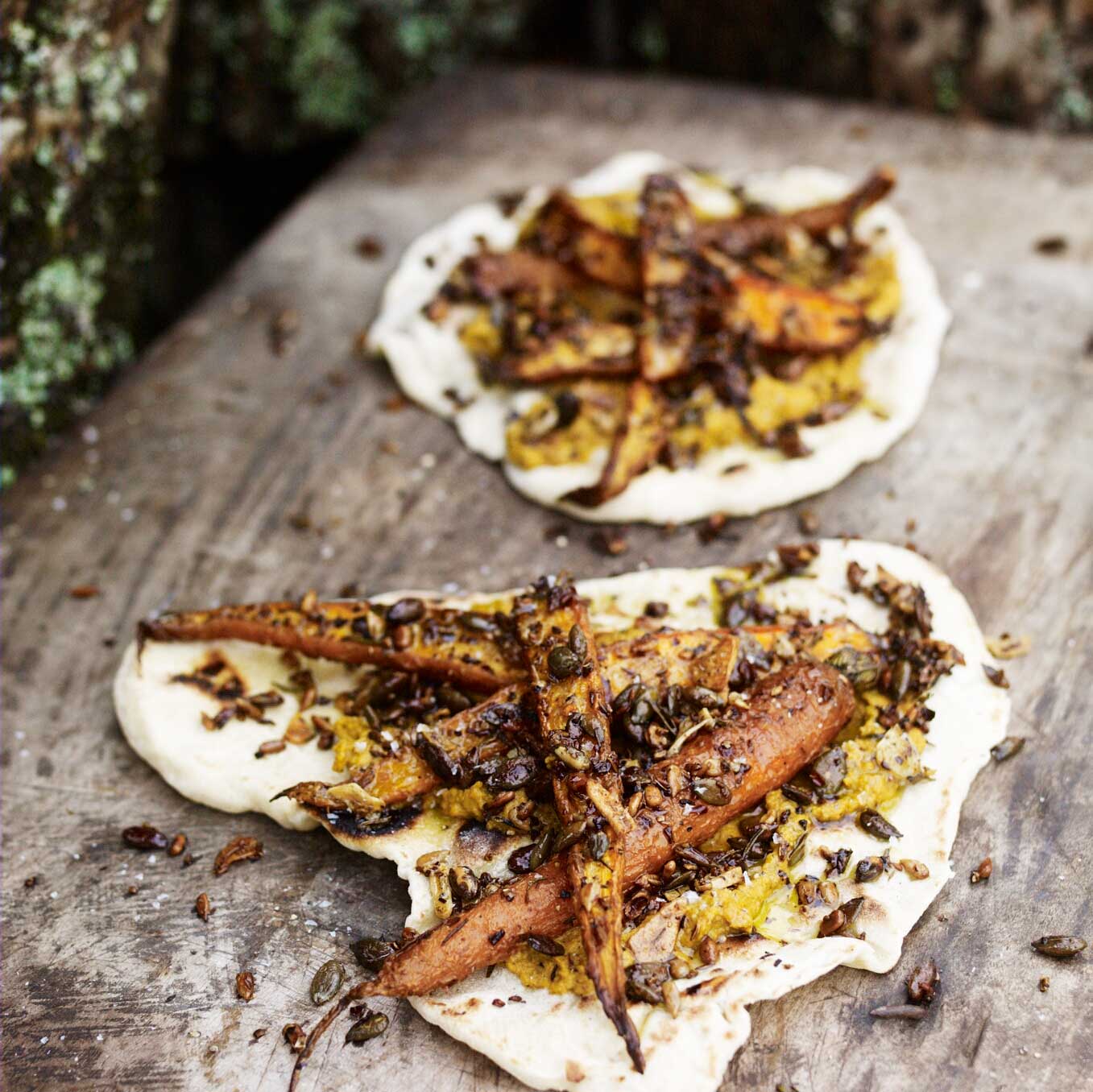 Flatbreads with roasted carrots, spices and seeds