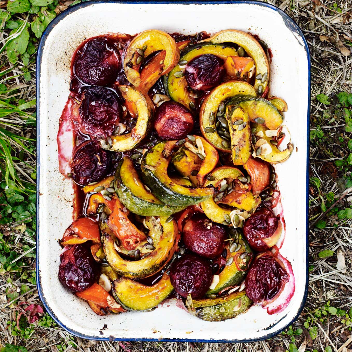 Roast squash and plums in garlic, ginger and chilli