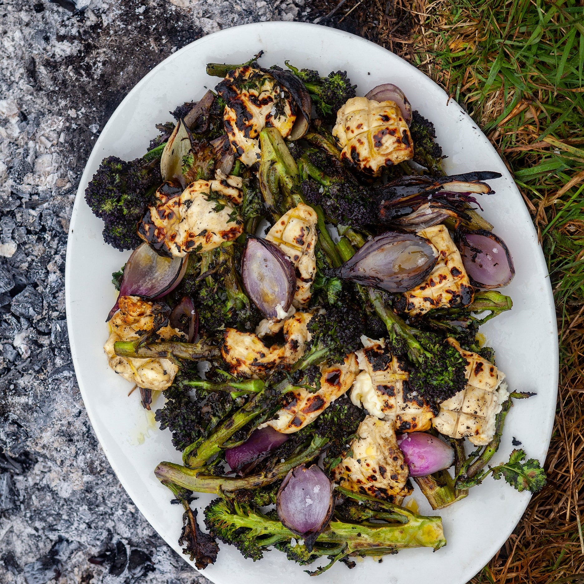 Grilled Halloumi with Red Onions and Purple Sprouting Broccoli