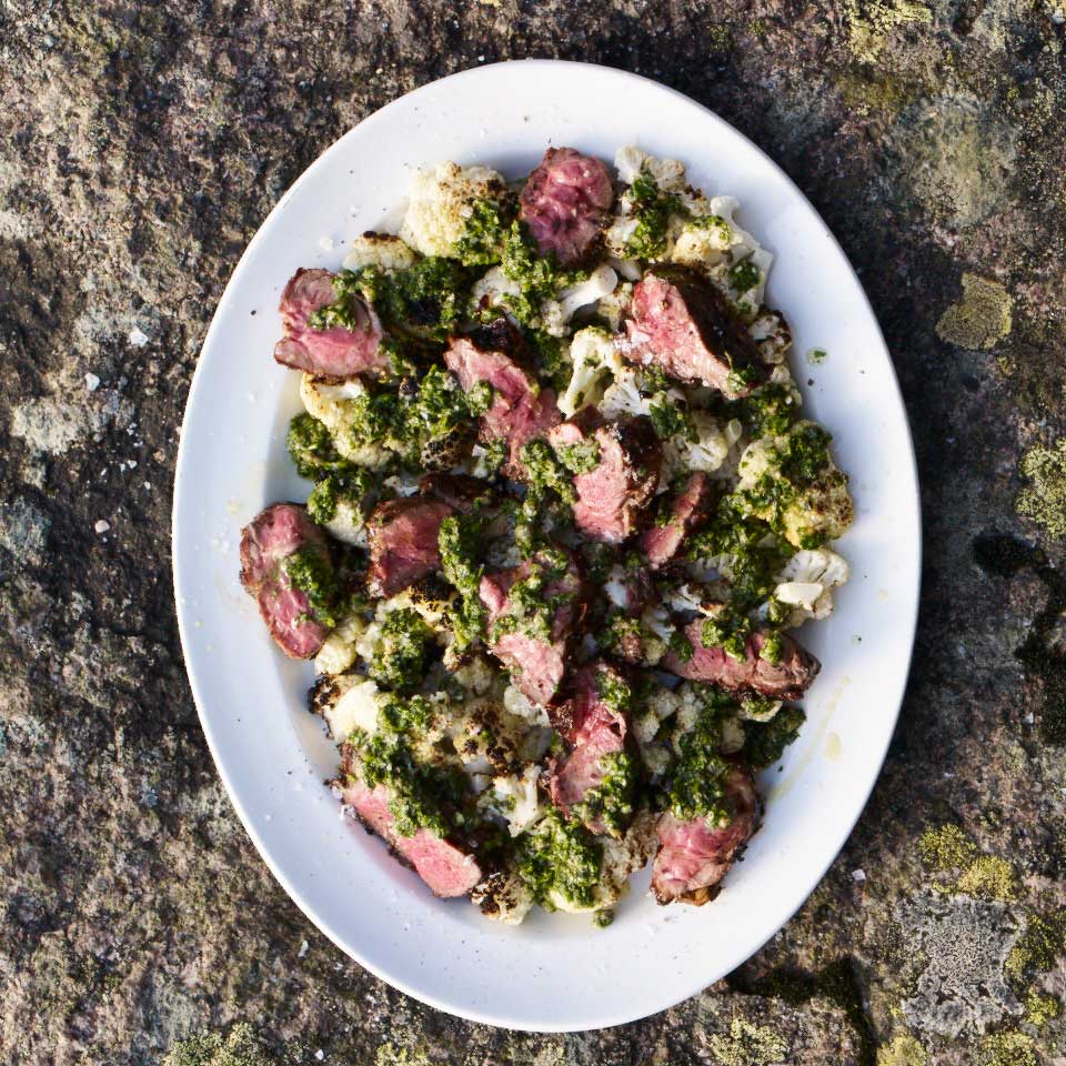 Grilled lamb neck and cauliflower with green herb sauce