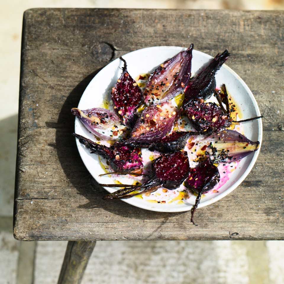 Ember-baked red onions and beetroot with tahini yogurt