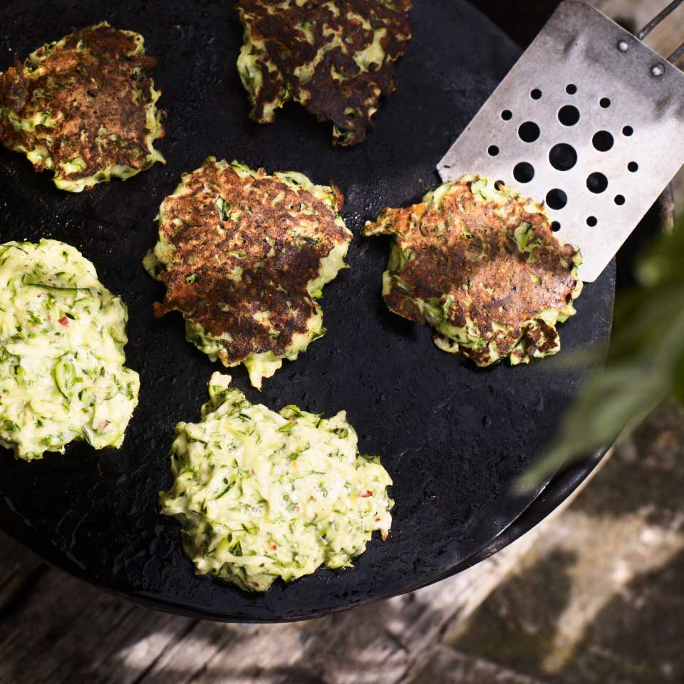 Courgette hot-plate fritters with mint, dill and chilli