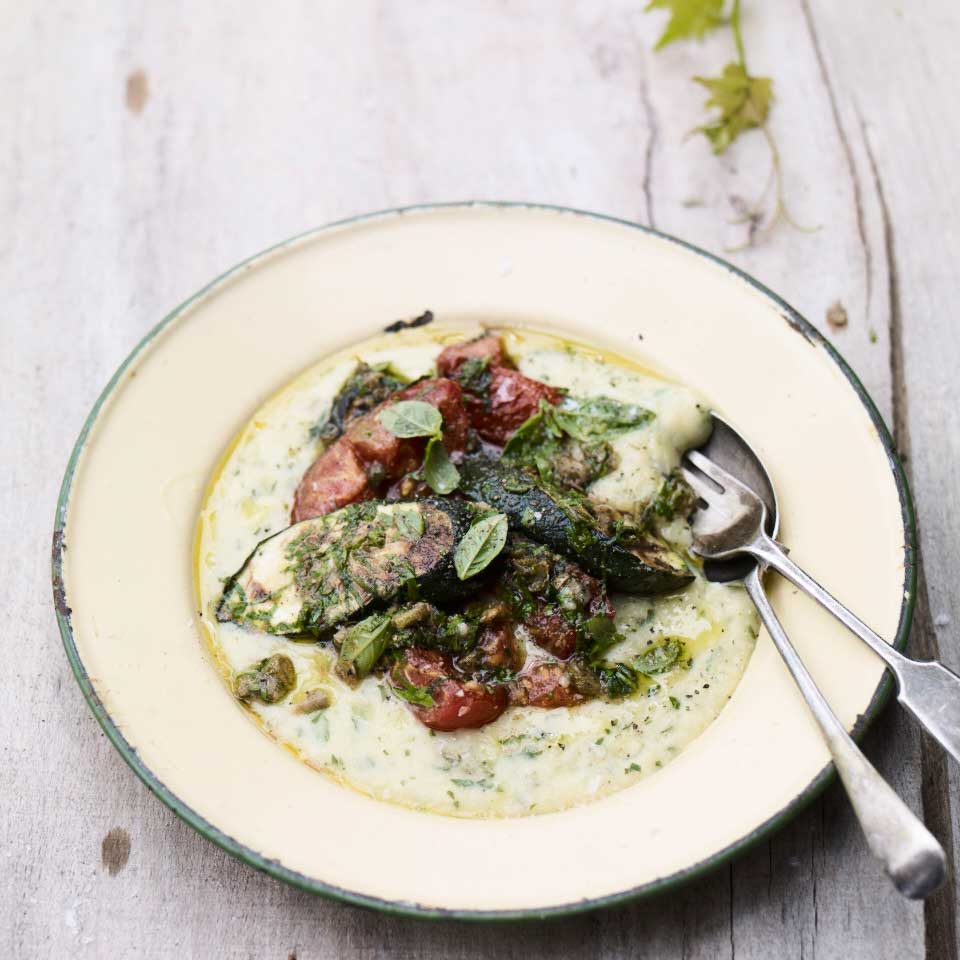 Barbecued courgettes and tomatoes with herby polenta