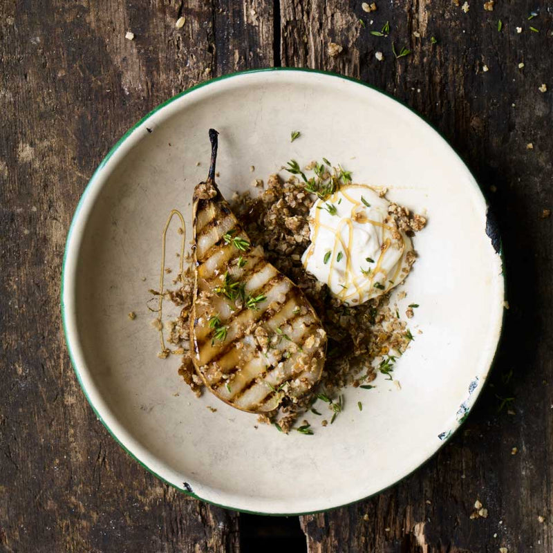 Grilled pears with chestnut honey, tahini and oats