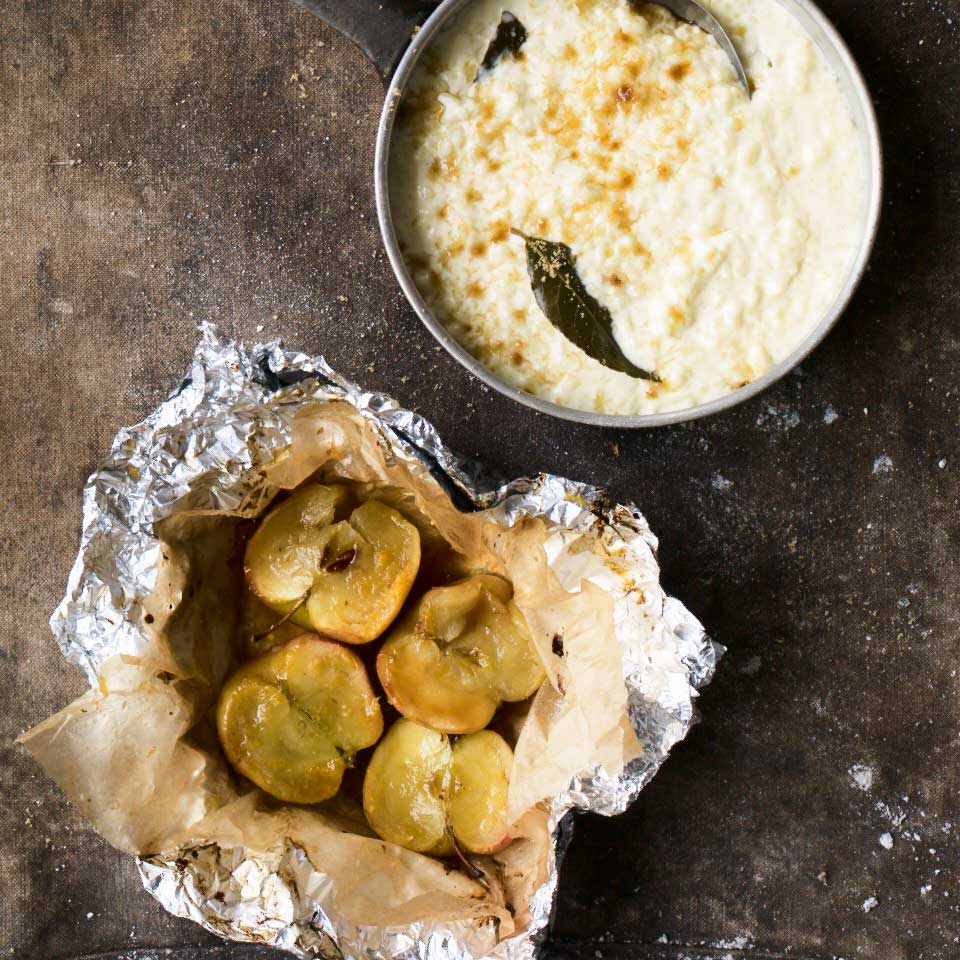Lemon and bay rice pudding with brown sugar baked apples