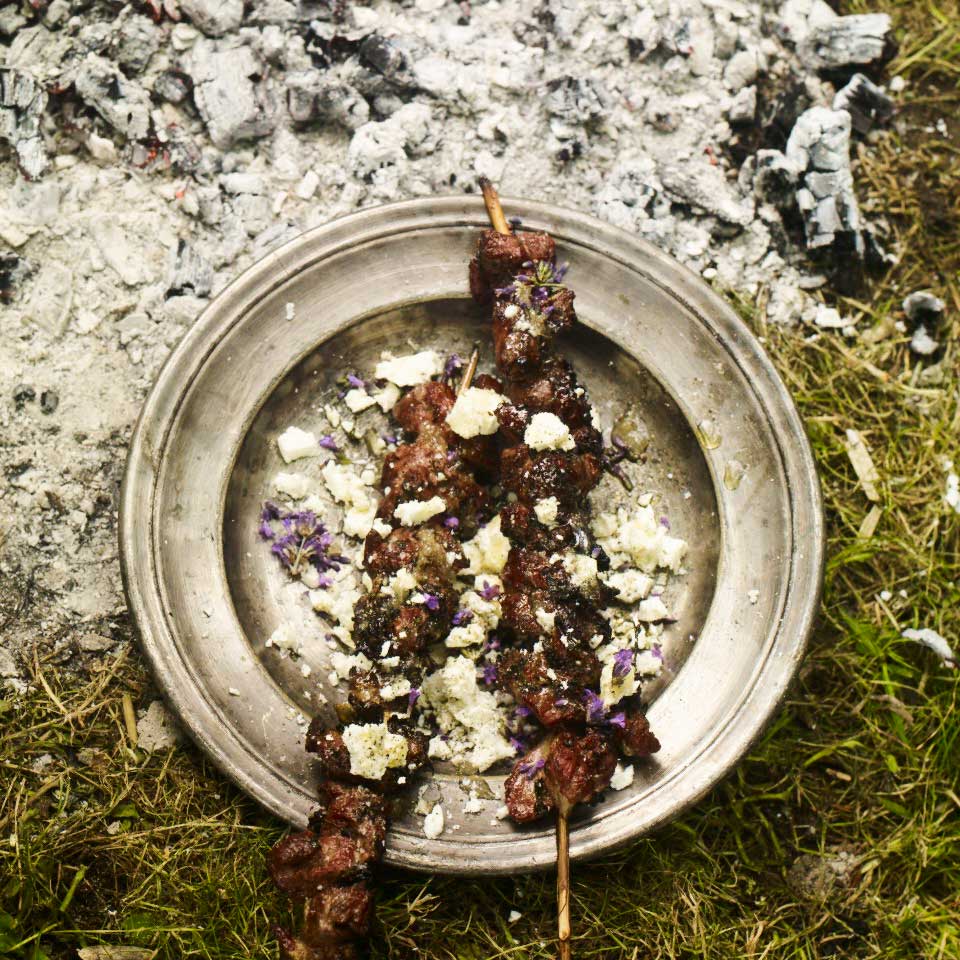 Grilled lamb with lavender, feta and honey