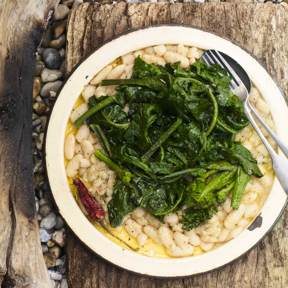 Sea kale, beans, chilli and olive oil