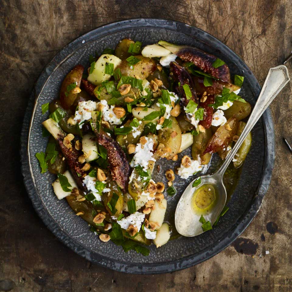 Plum, pear, fig, hazelnut, lovage and goat’s cheese salad