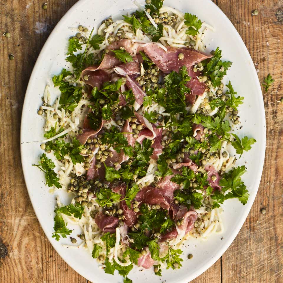 Celeriac and lentils with air-dried ham and parsley