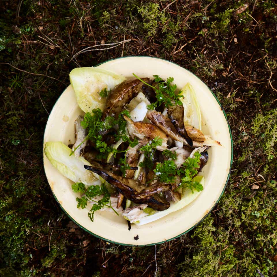 Hot-smoked mackerel, grilled pear and endive salad