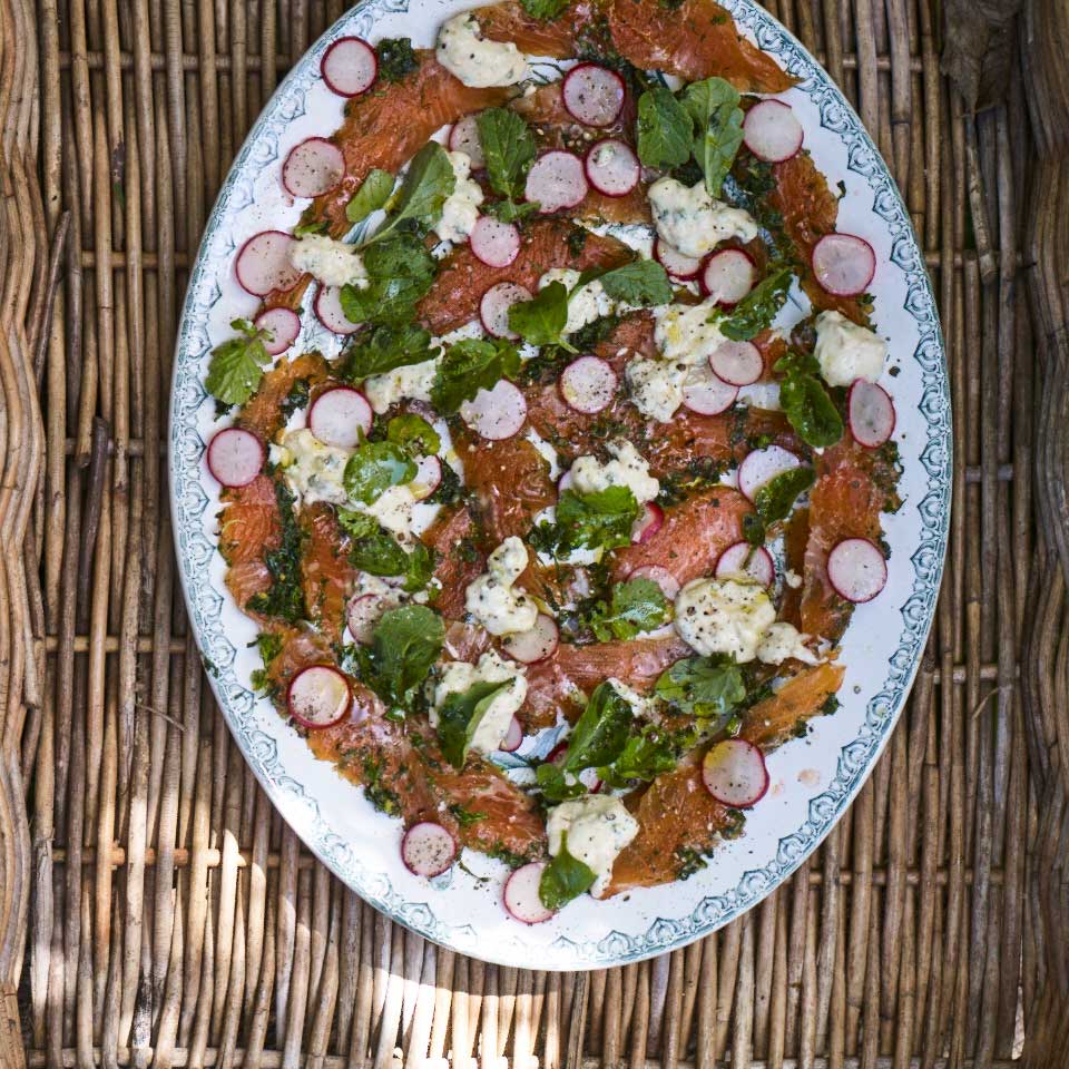 Trout cured in garden herbs with radishes and horseradish