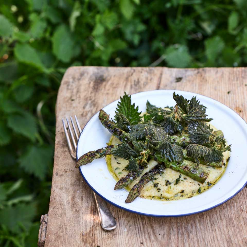 Wild garlic polenta with barbecued asparagus and crispy stinging nettles