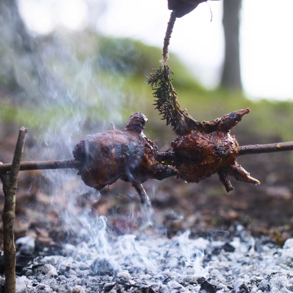 Spit roast partridge in a barbecue sauce