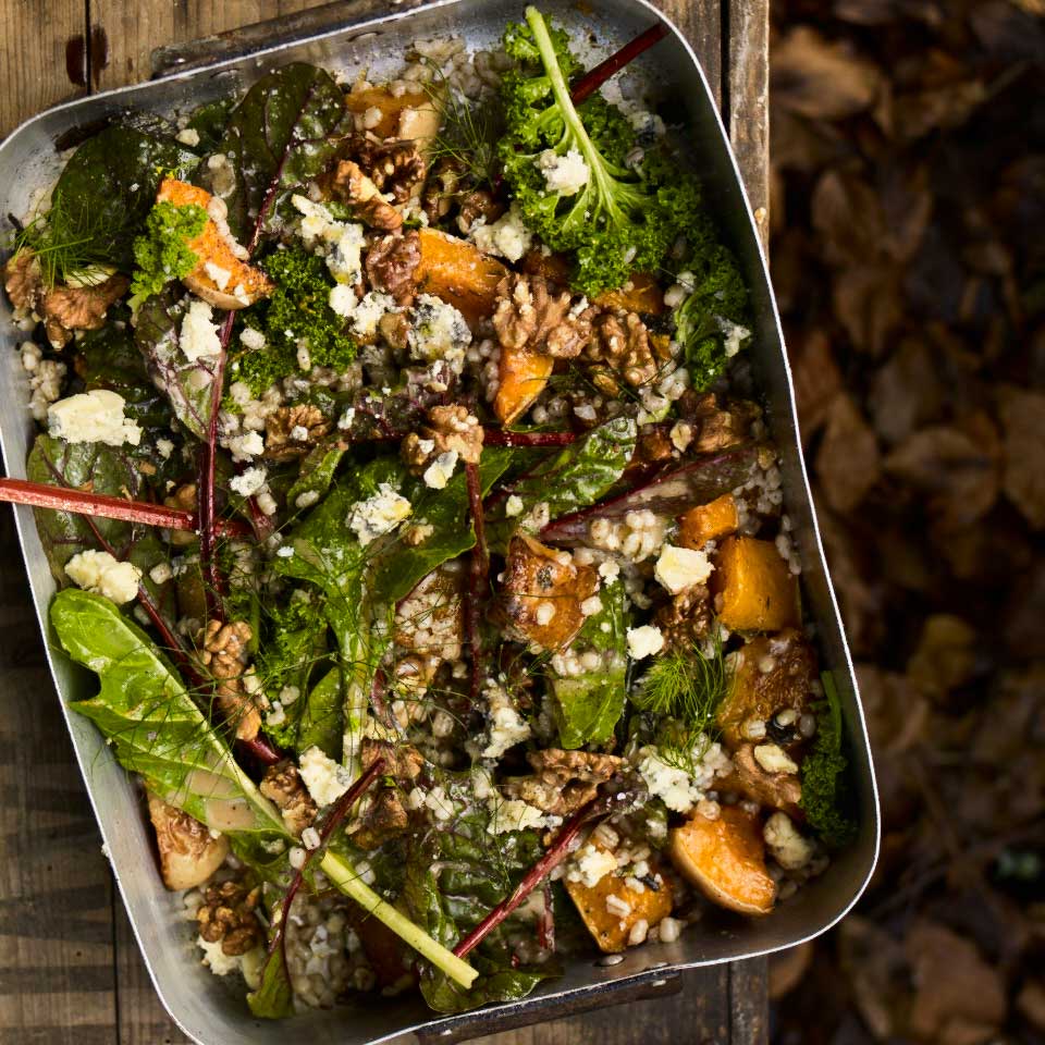 Squash, barley, blue cheese and walnut salad