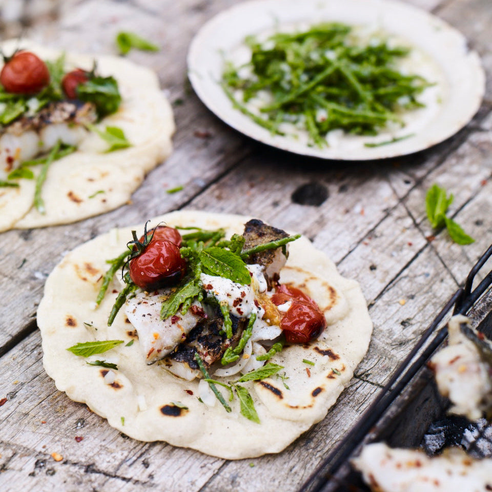 Little pollack and pickled samphire tacos